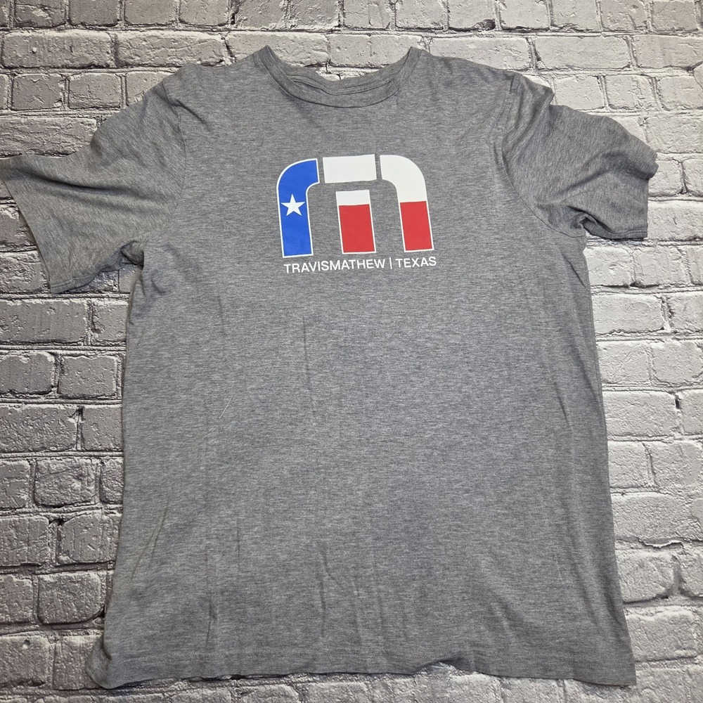 Travis Mathew Men's Gray Crew Short Sleeve Texas Graphic Logo T-Shirt, Large